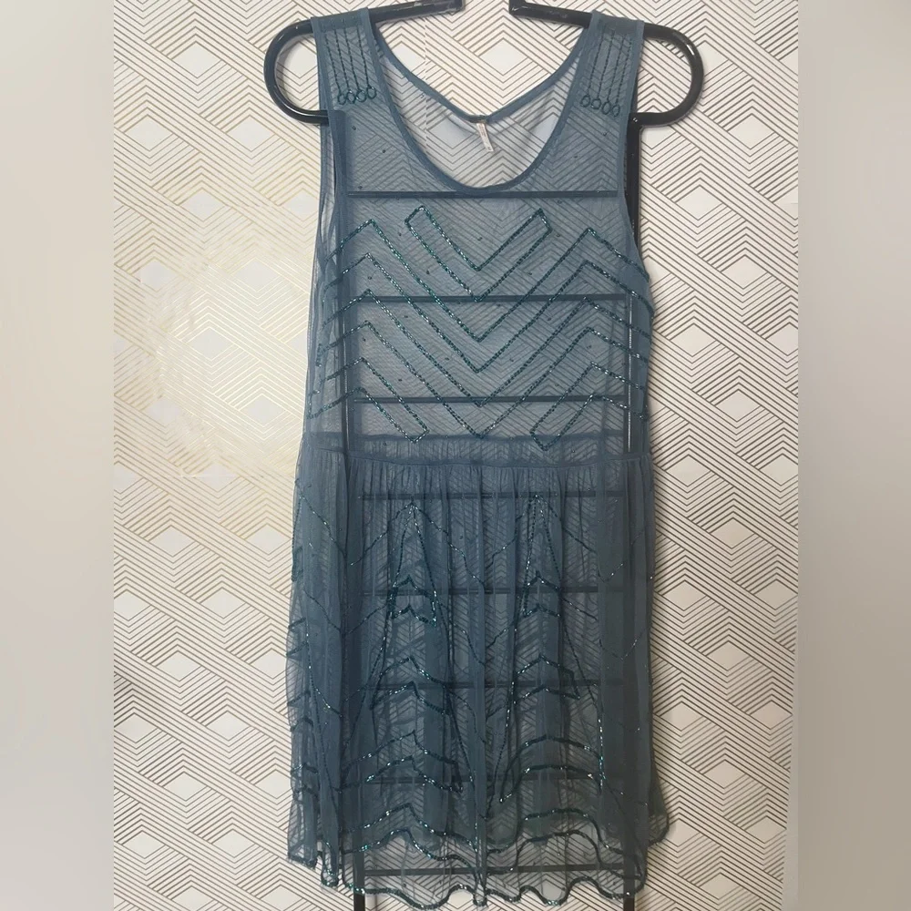 🌟Host Pick🌟Free People! Embellished Teal Sheer Slip Dress - Picture 8 of 16